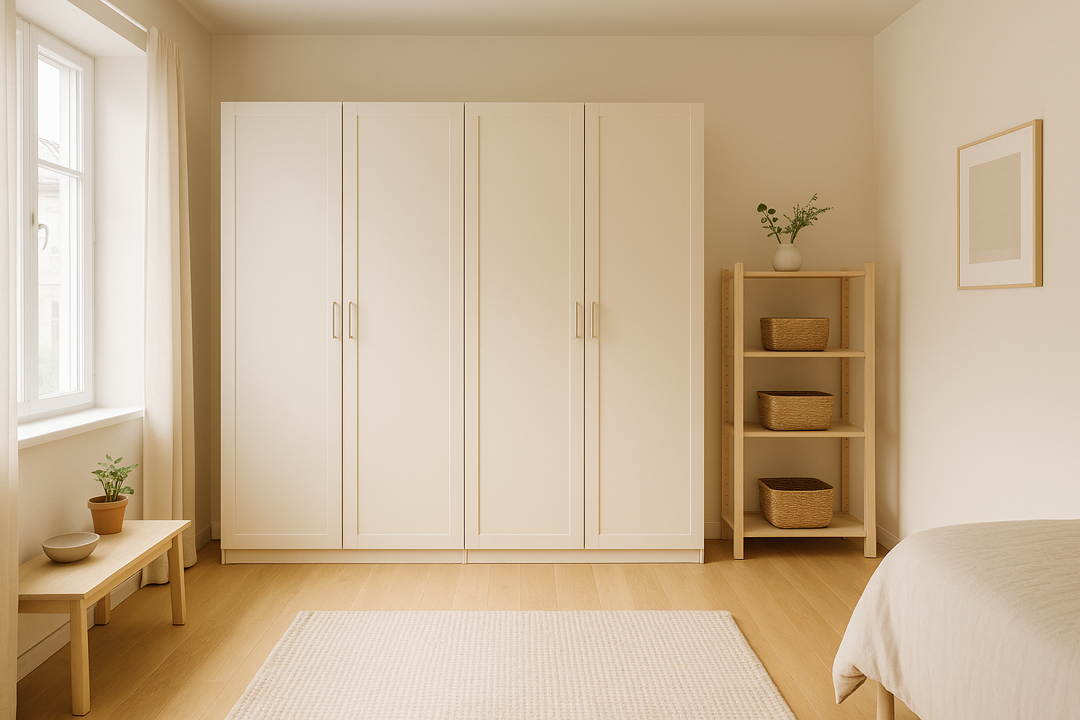 Clean Scandinavian bedroom with organized IKEA furniture and storage solutions